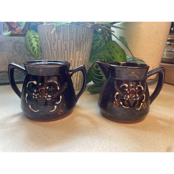 1940s Japanese Moriage Hand-Painted Sugar‎ & Creamer Set - Floral Folk Art - Picture 1 of 5